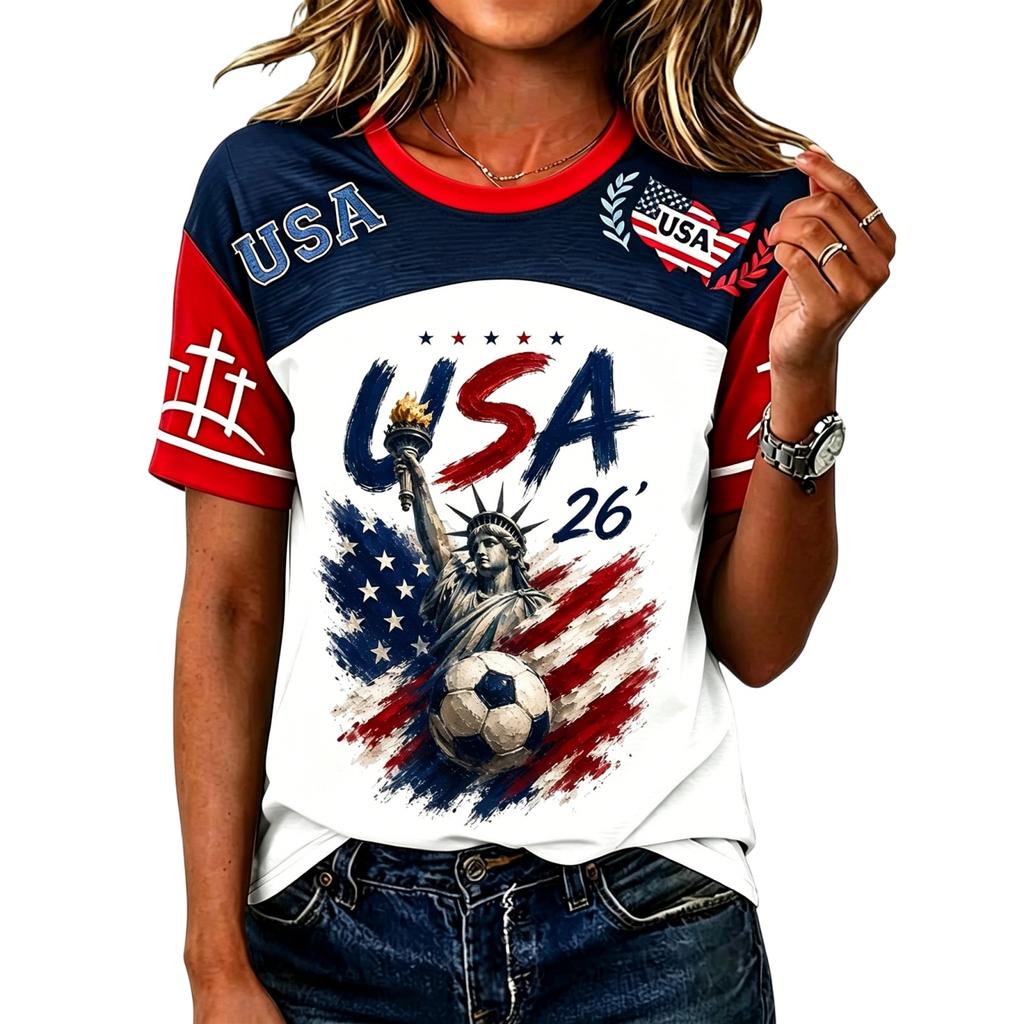 Women’s Casual Short Sleeve Pullover Crewneck Top with Soccer Graphic and USA Letter Print for Everyday Wear