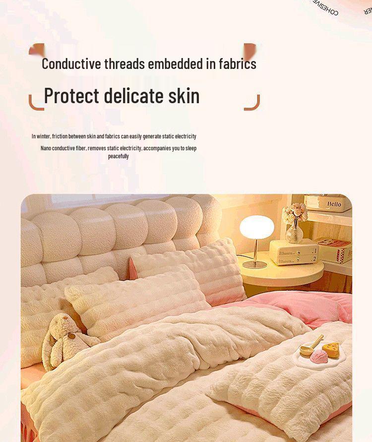 Verdicktes Kaninchenvelours Winterbettwäsche-Set: Milchvelours Bettbezug, Korallenfleece Bettrock, Zweiseitiges Fleece
