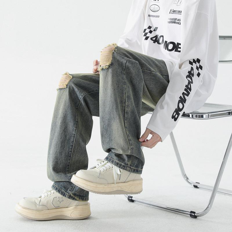 Men's Cotton Spting Summer Ripped Jeans Casual Pants Trousers Vintage Wide Leg Denim Pants Jeans For Men Fashion Clothing Streetwear