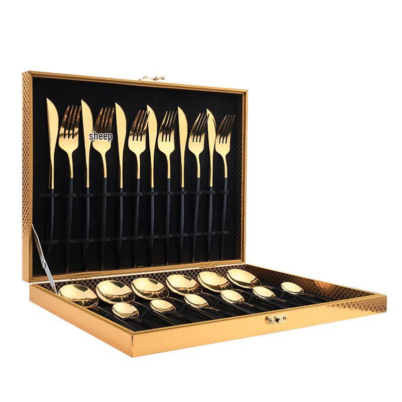 Abay Black Gold Flat Handle 24-Piece Stainless Steel Cutlery Set
