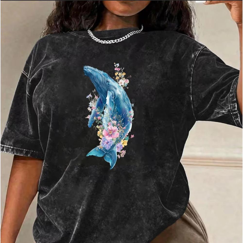 Watercolor Whale And Flower Print Washed Black Oversized T-Shirt For Women Ocean Animal Floral Casual Top S