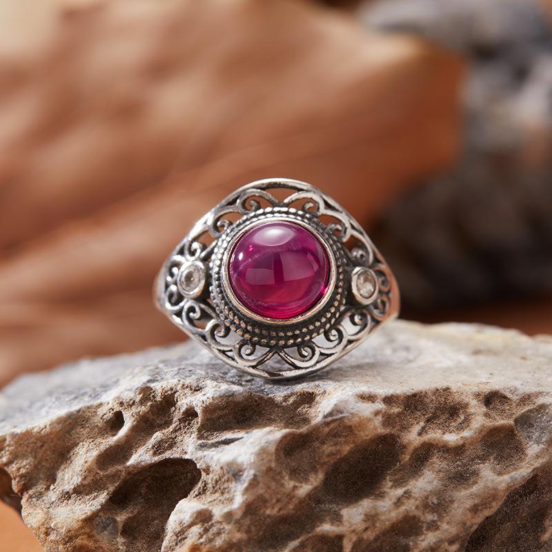 Personalized Retro Thai Silver Colored Treasure Ring Women'S S925 Sterling Silver Natural Jasper Blue Gold Red Corundum Topaz Index Finger Ring