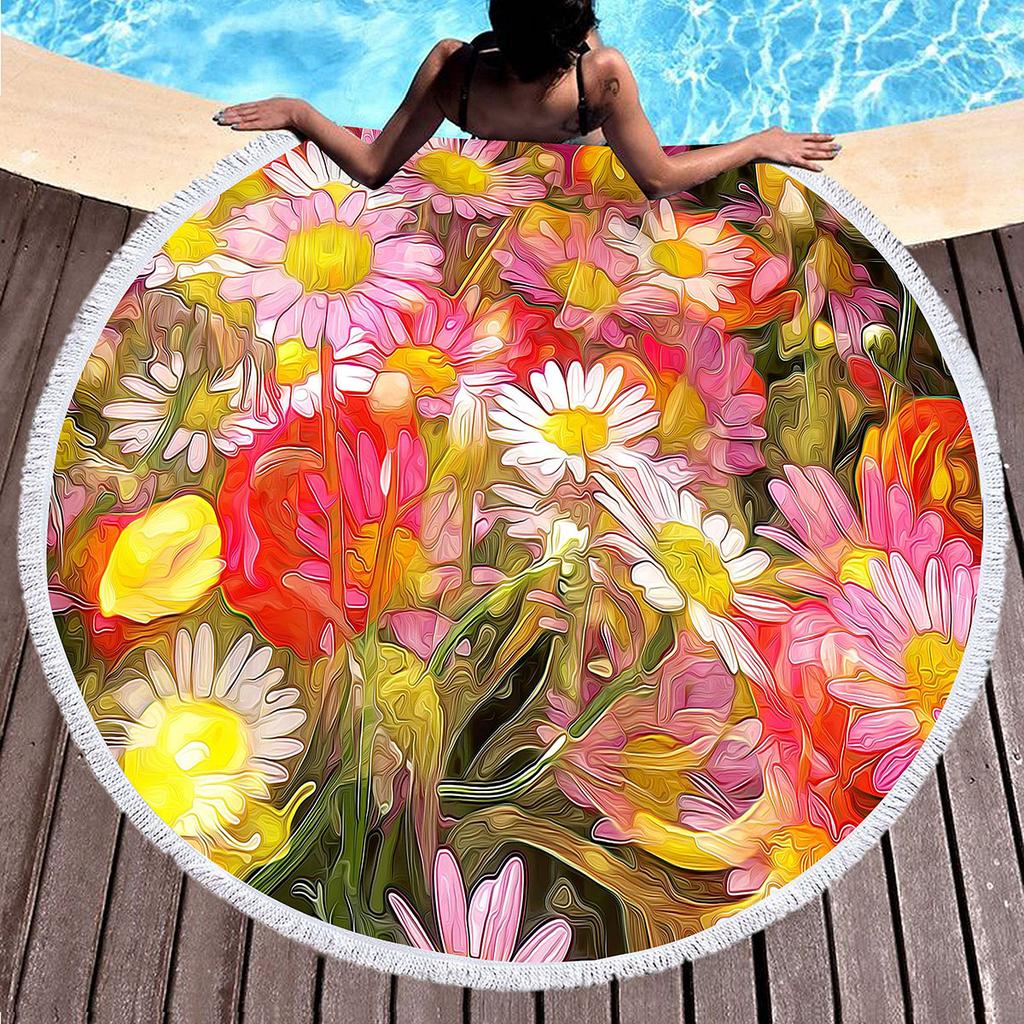 Botanical Daisy Floral Round Beach Towel,Microfiber Garden Flower Circle Beach Blanket,Roundie Yoga Meditation Mat Picnic Rug