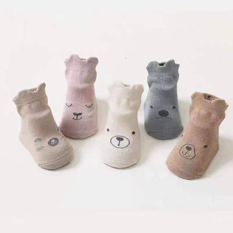 5 Pairs Cartoon Baby Floor Socks 0-3Y Infant Girls Bear Anti Slip Walking Stockings Toddler 4 Seasons Tube Socks Accessories