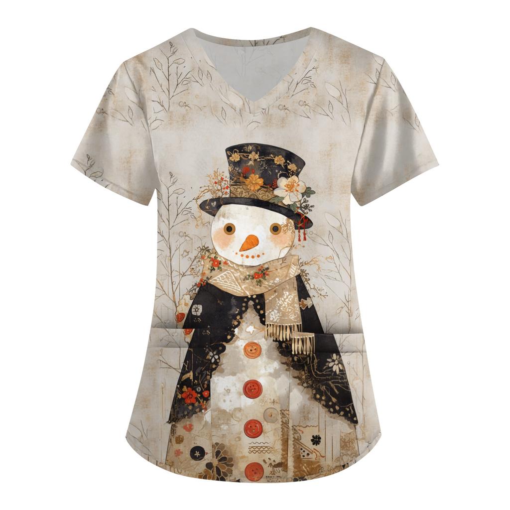 Women's Printing Uniform Work Uniform V-neck Pockets Basic Short Sleeve Pullover Top