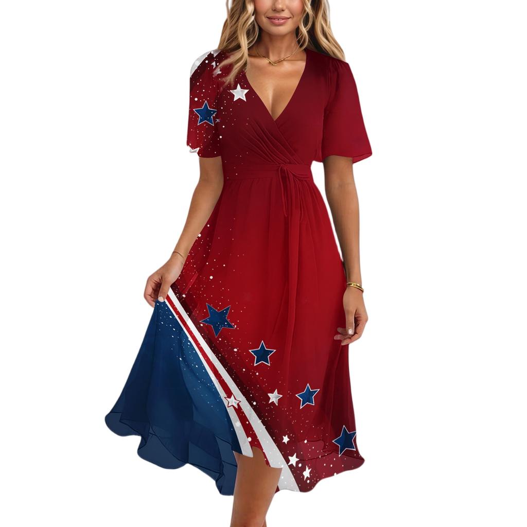 Women V Neck Short Sleeve Casual Dress with Star and Stripe Print Loose Fit Knee Length for Daily Wear Holiday Party