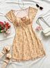 Women's U Neck Cap Sleeve Floral Mini Dress Slim Fit High Waist Mesh Panel Bodycon Dress 2026 Summer Sweet French Vacation Short Dress