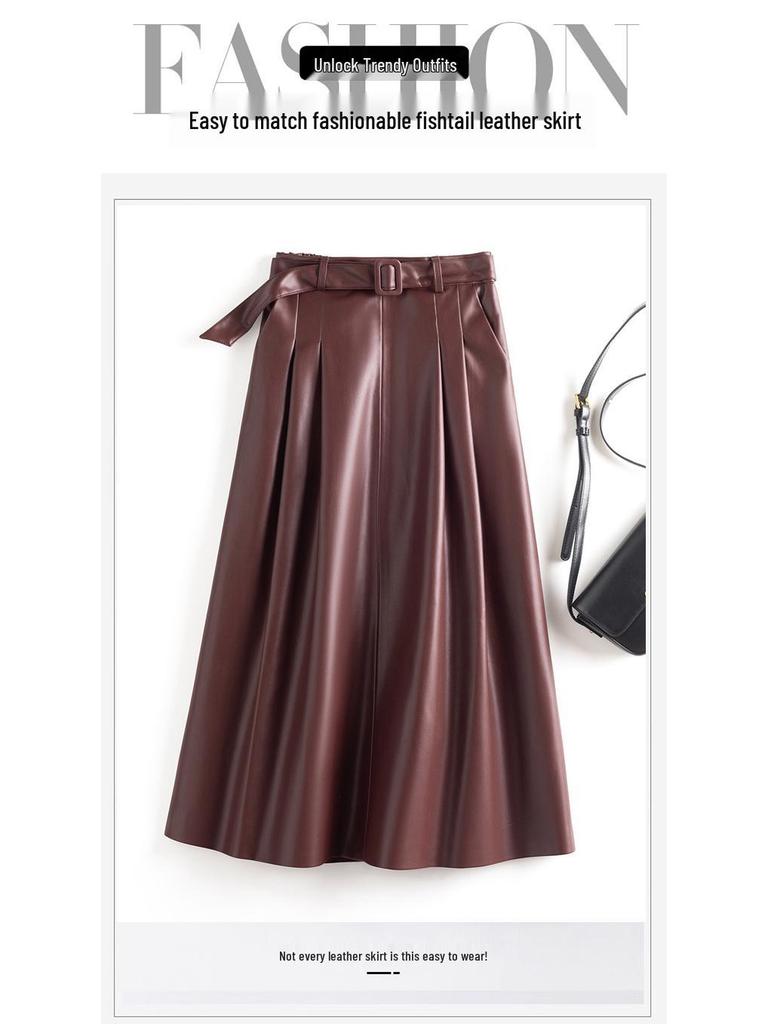 Women's Haining Lambskin A-Line Midi Skirt - High-Waisted, Slim Fit with Large Hem, Elegant Design