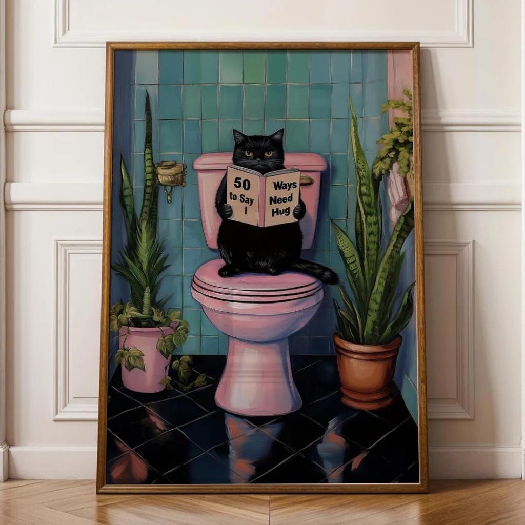 Vintage Black Cat Bathroom Wall Art, Toilet Fun Wall Art, Funny animal Bathroom Art, Quirky Bathroom Wall Decor, Bathroom Print