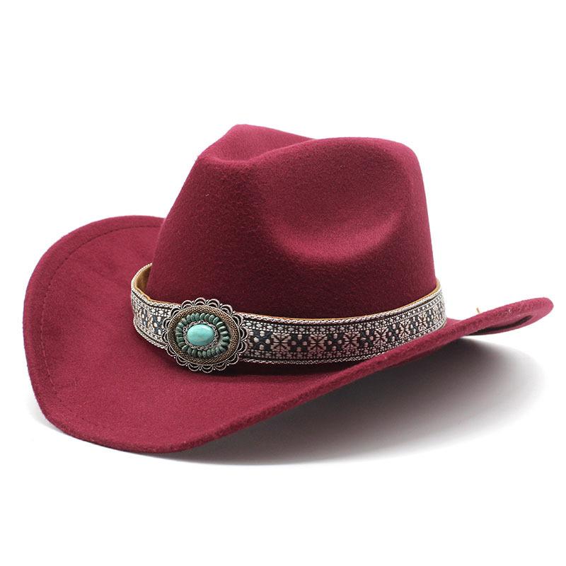 Ethnic Style Western Cowboy Hat Minority Tibetan Top Hat Prairie Crimped Woolen Felt Hat Jazz Hat