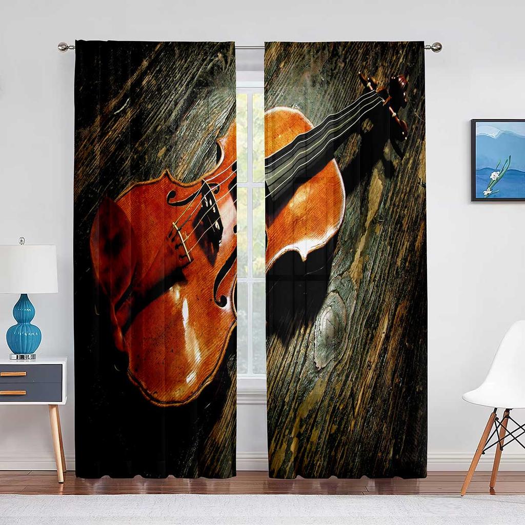 Vintage Fiolin på Trä Skira Voilgardiner för Vardagsrum Sovrum Chiffong Tyllgardiner Kök Fönsterbehandlingar Draperier