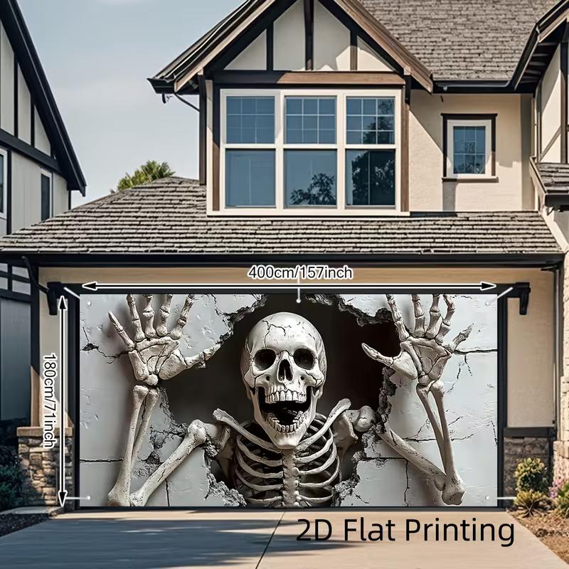 2D Flat Skeleton Breakthrough Garage Banner, Scary Halloween Photo Backdrop