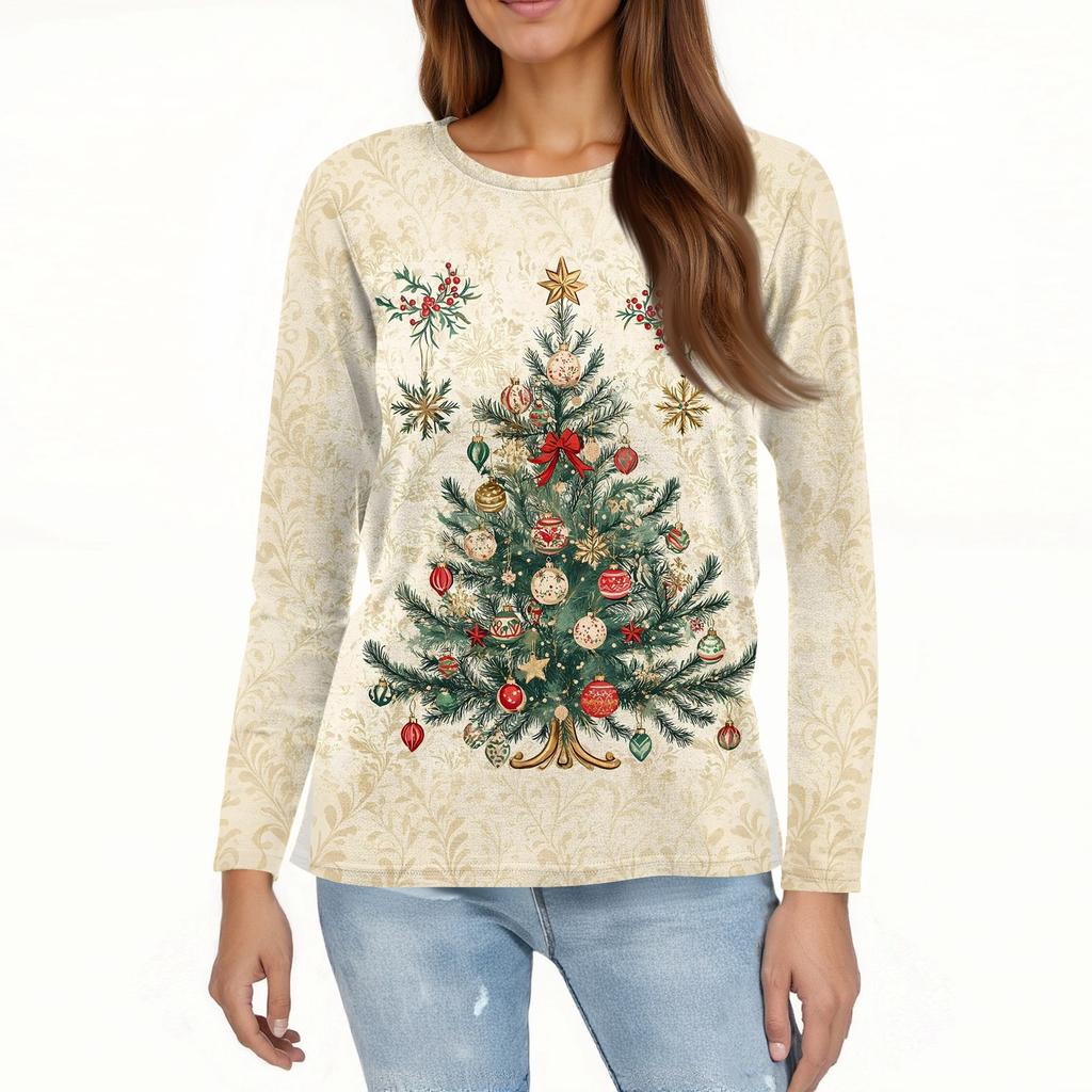 Women's Fashion Casual Slit Hem Round Neck Long Sleeve Loose Christmas Printed T-Shirt Ladies Top