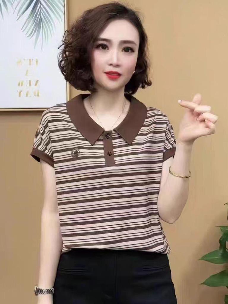 Sommer Besticktes Gestreiftes Peter Pan Kragen T-Shirt für Frauen mittleren Alters und ältere Frauen - Kurzarm