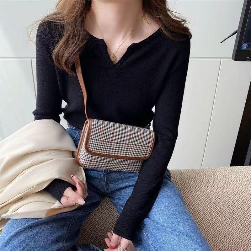 Podzimní pletené elegantní svetry Dámské francouzský měkký svetr s výstřihem do V Pletený svetr Topy s dlouhým rukávem Svetr Bílé oblečení 23664