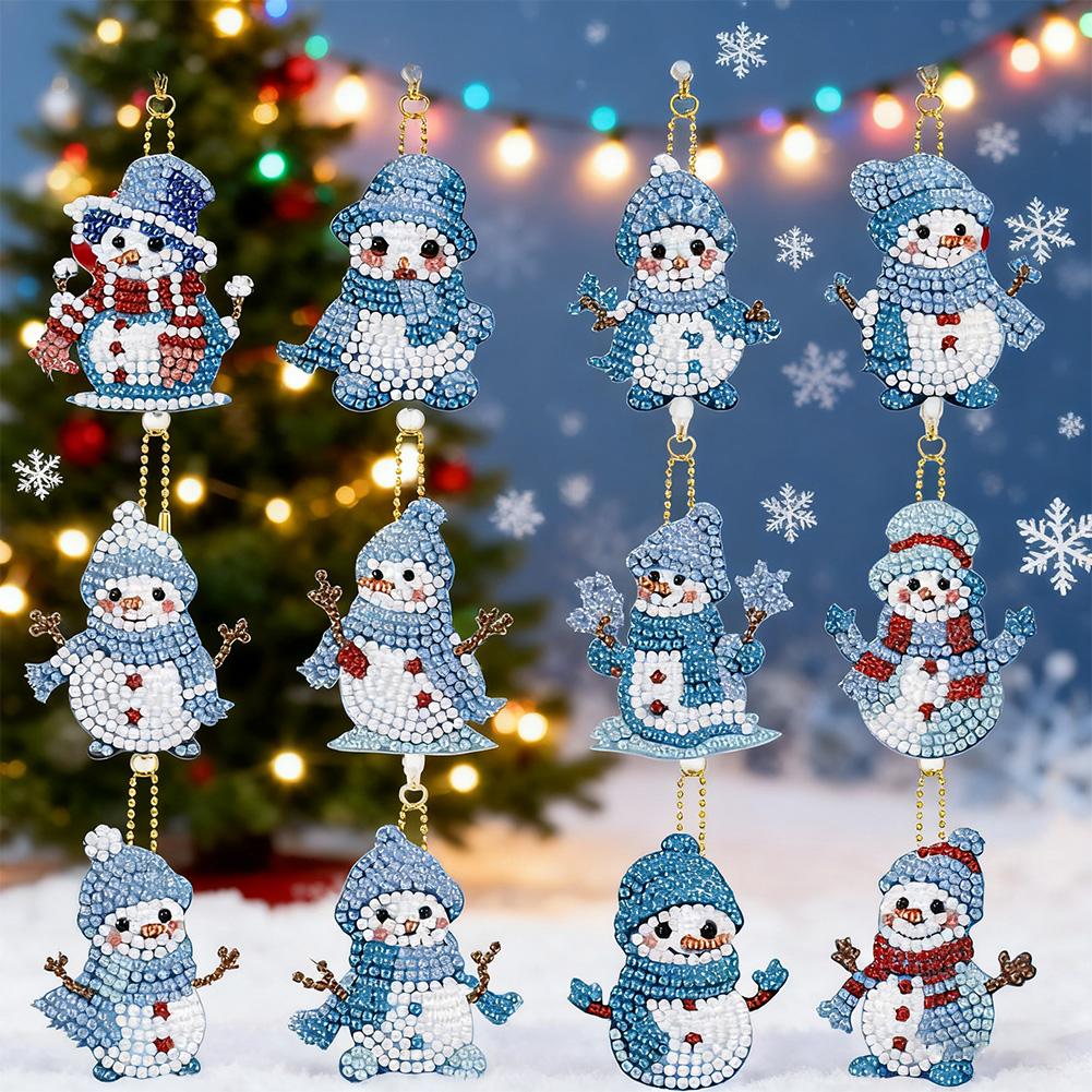 12PCS diamond-painted DIY Christmas handicrafts, penguin and snowman key chain sets, suitable for decoration and gifting