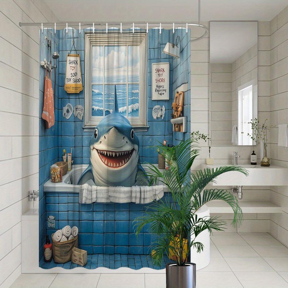 1Pc Cartoon Shark Shower Curtain Funny Animal Print Bathroom Decor Modern Fashion Bathtub Curtain With 12 Hooks