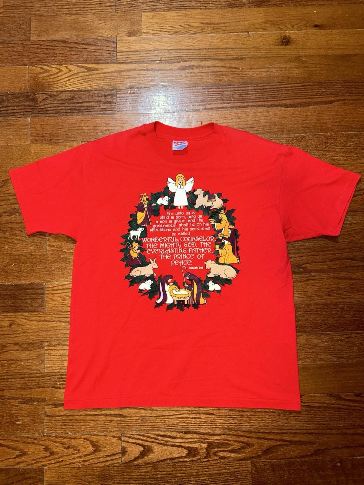 Vintage 90s Jesus Art T Shirt Mens XL Red Shirt Sleeve Hanes GOD Isaiah Manger Unisex T-Shirt XXXL