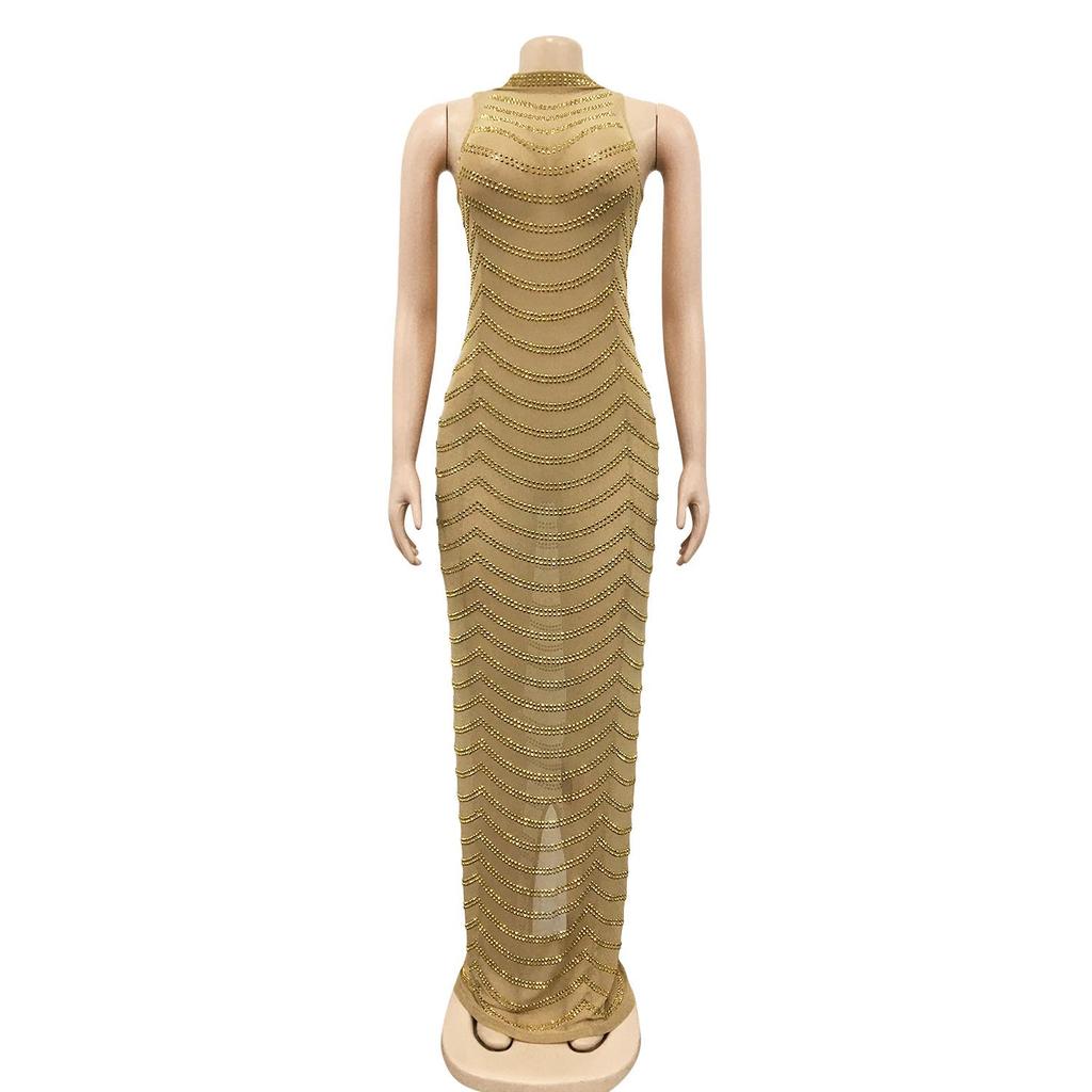 X5259 European Fashion Sexy Rhinestone Backless Nightclub Party Dress - See-through Long Dress for Women