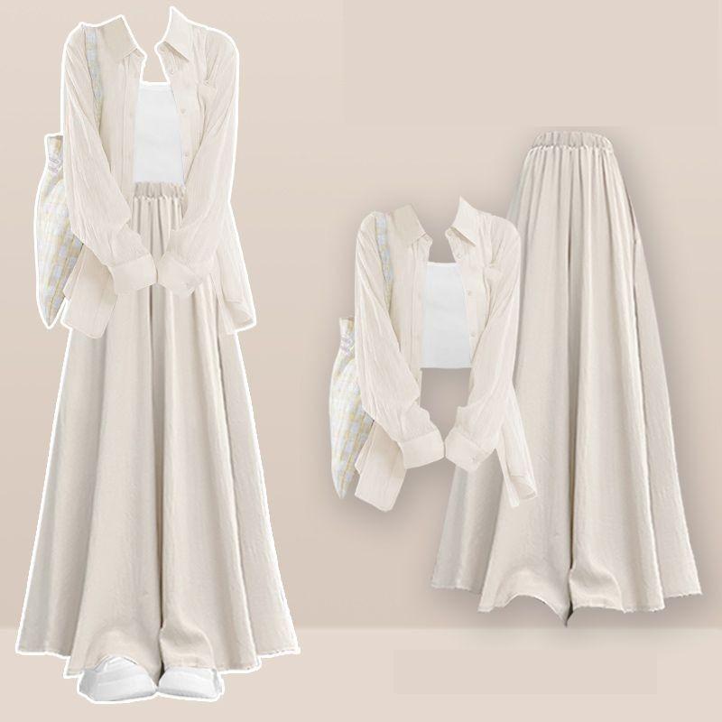 

Women Spring Summer Sunscreen Shirt+Strap+Casual Skirt Pants 3-Piece Suit Elegant Loose Tracksuit Matching Set 4XL абрикосовий