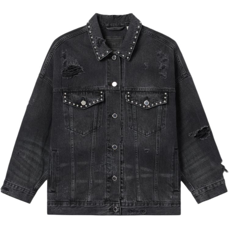Levis Loose Comfortable Simple Distressed Fleece Long Sleeve Denim Jacket Women Jackets Black 002YY-0000