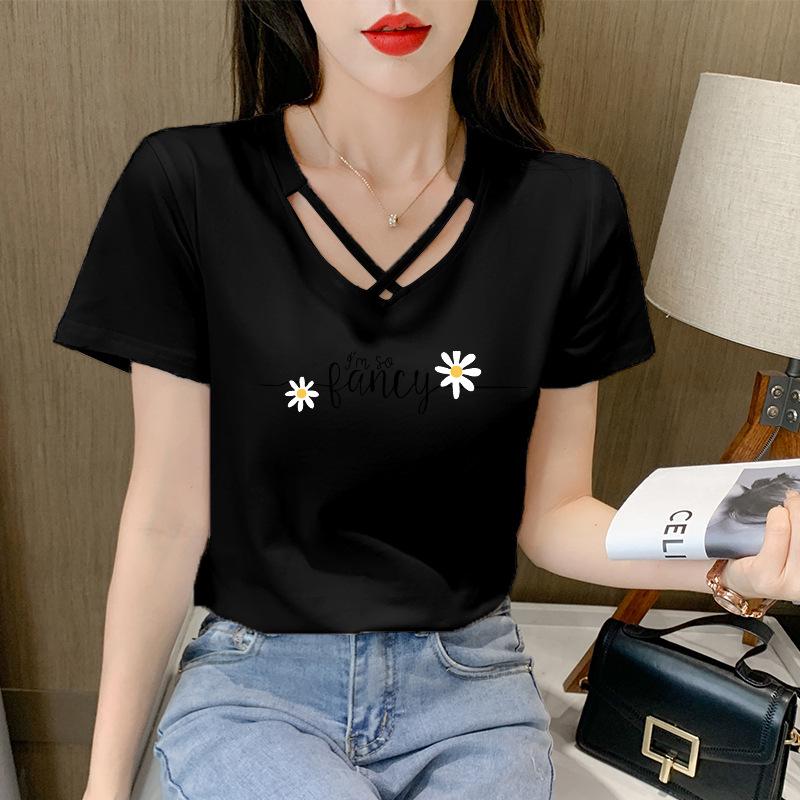 2025 Women's Korean Style V-Neck Short-Sleeve Solid Color T-Shirt