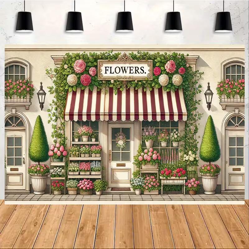 2D Vintage Flower Shop Backdrop, Romantic Floral Store Photography Background