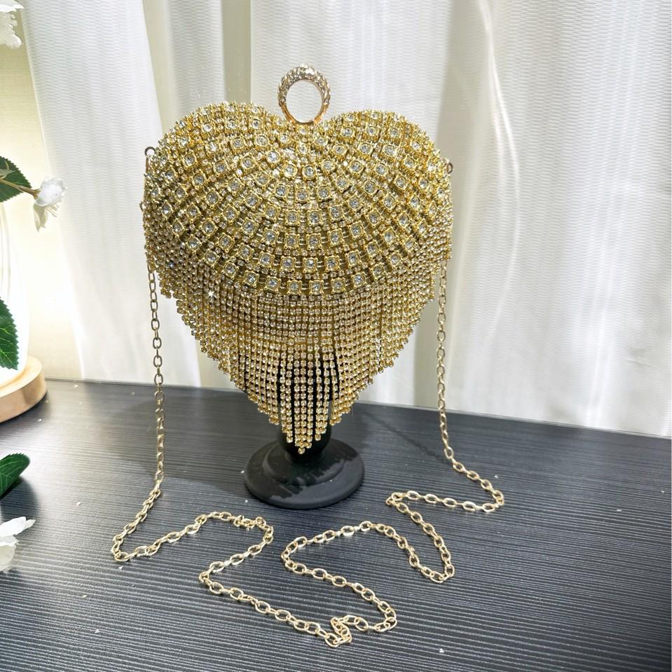European & American Fashion Rhinestone Heart Handbag - Women's Tassel Evening Bag