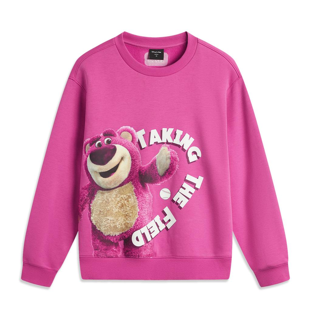 Li Ning X Disney Collaboration Pixar Strawberry Bear Series Cartoon Letter Round Neck Comfortable Breathable Fleece Warm Sweatshirt AWDU432-1
