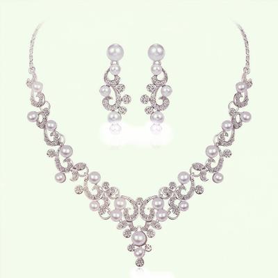 Collier et Boucles d/'oreilles en Perles Fausse Pendentif de Fleur en Strass