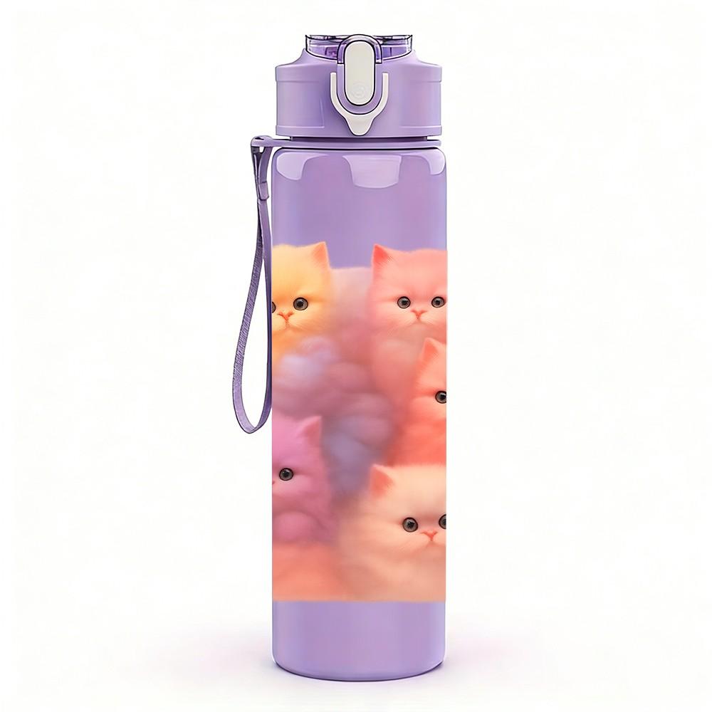 1PC Stacked Cute Pink Cats 750ml Color Plastic Sports Water Bottle Leakproof Flip Straw Lid Suitable for Sports Office Home Use
