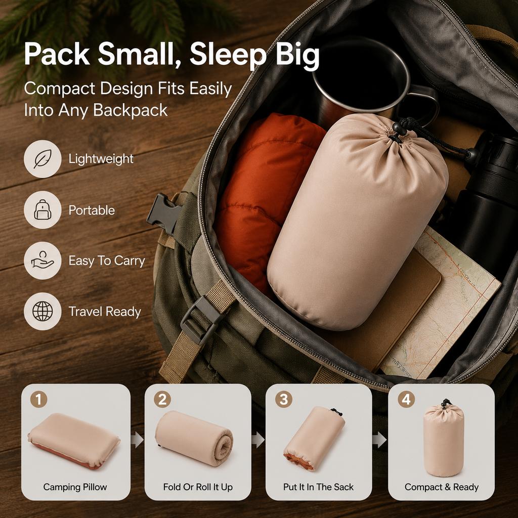 Self-Inflating Travel Pillow Lightweight Compressible Portable Outdoor Neck Pillow for Road Trips, Camping, Hiking & Flights