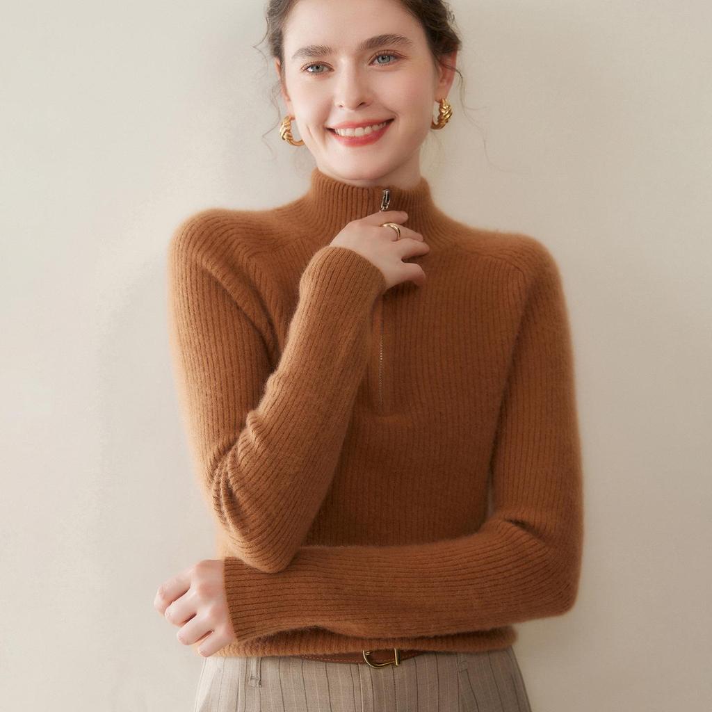 Zipper Lapel Cashmere Knit Loose Long Sleeve Pullover Sweater for Autumn/Winter
