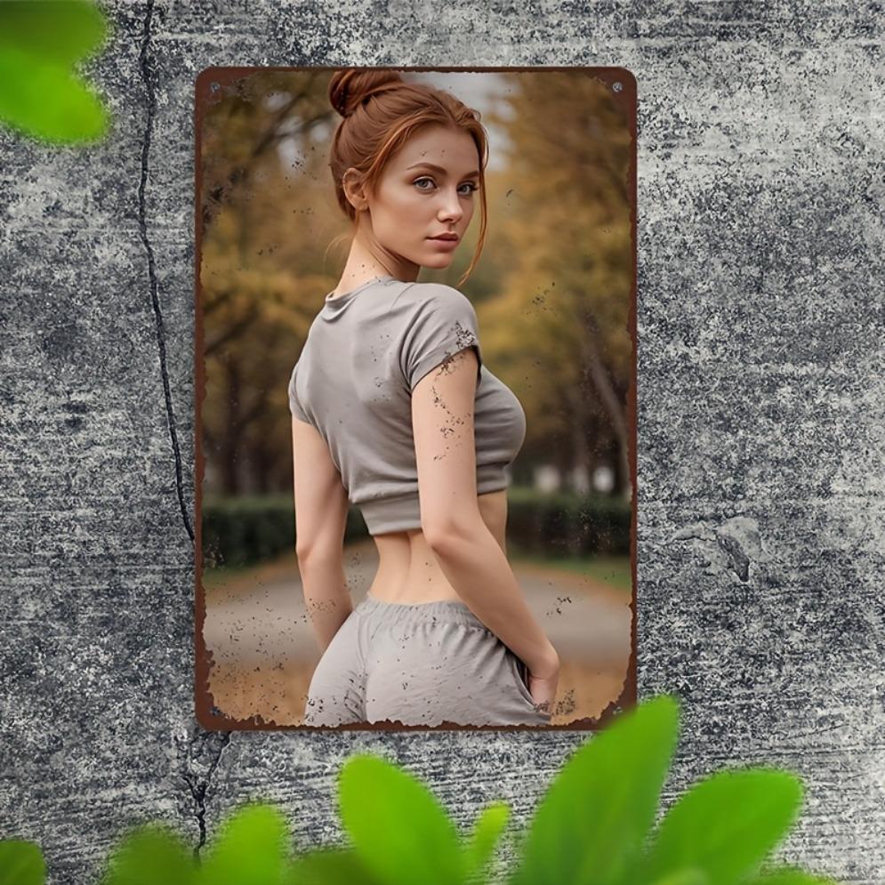 Vintage Retro Gray T-Shirt Style Metal Tin Sign 8x12 Inch Red-Haired Lady Country Wall Art for Home Office Decor