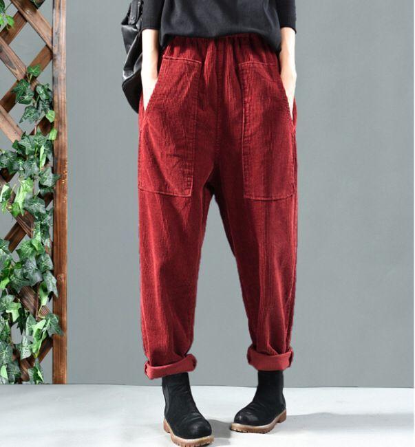 Retro Artistic Style Personality Pocket Corduroy Versatile Casual Harem Trousers for Women