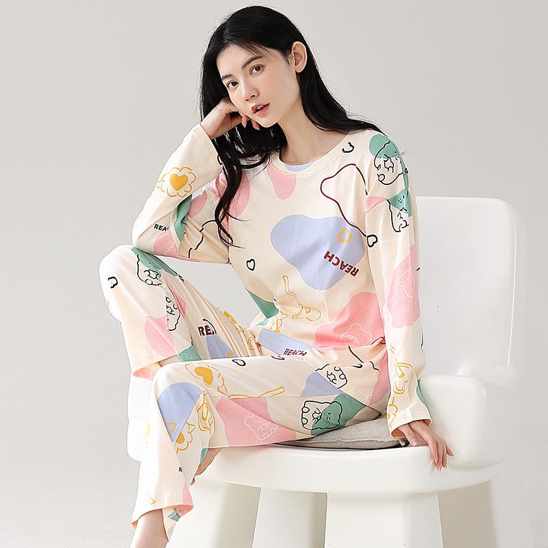 Ensemble de Pyjama pour Femme 100% Coton – Respirant, Absorbant la Sueur, Manches Longues Col Rond pour Porter à l'Intérieur et à l'Extérieur (Automne hiver)