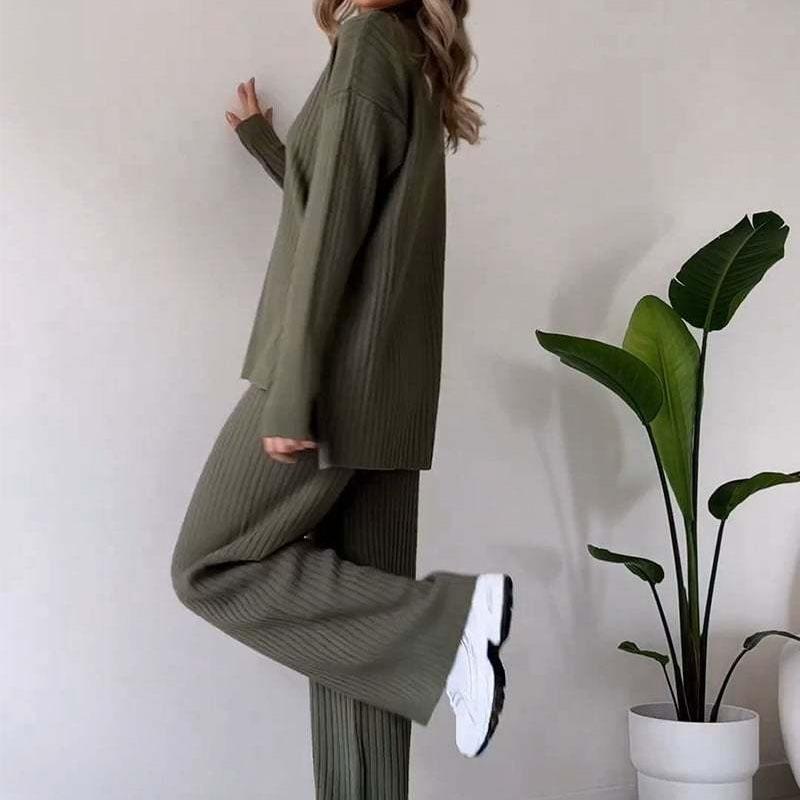 Women's High Neck Knit Top and Wide Leg Pants Set in Multiple Colors