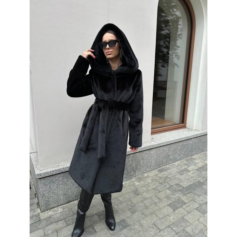 Womens Long Faux Fur Coat With Hood Waist Tie Oversized Winter Outerwear In Beige Black Coffee