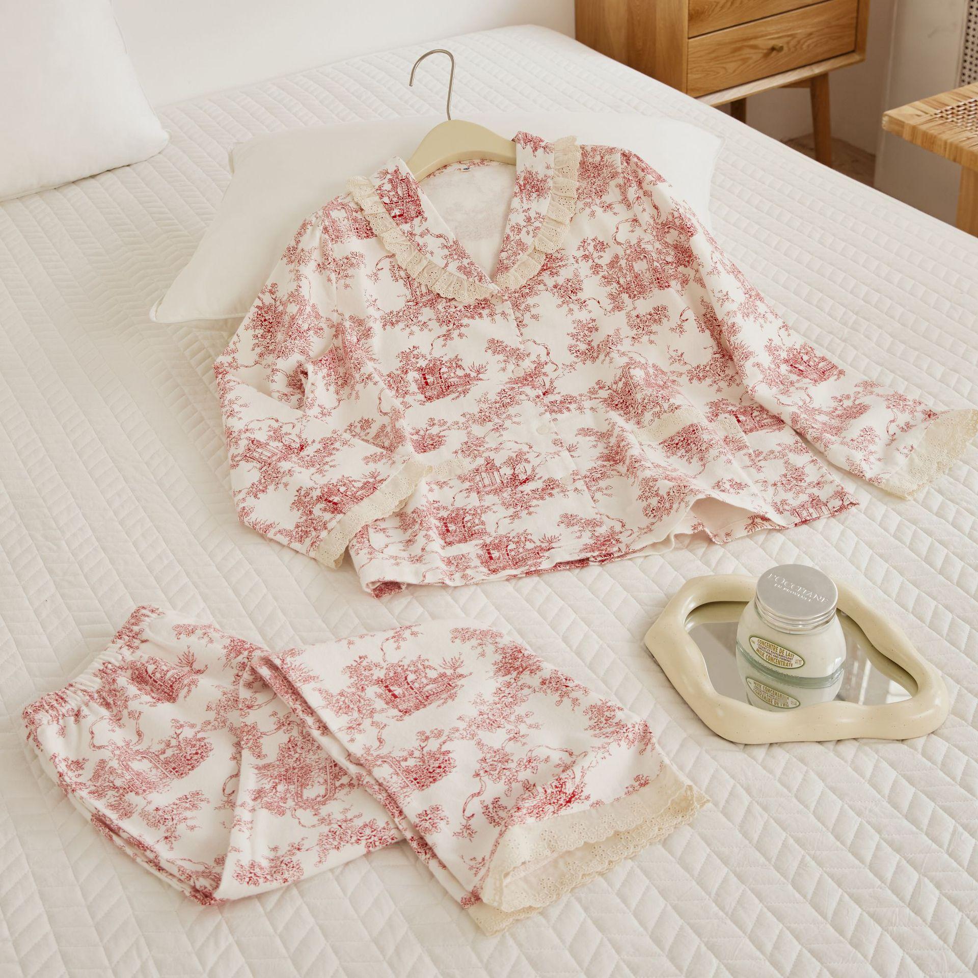 

Хлопковая пижама в китайском стиле с принтом, домашняя одежда, повседневная, с длинными рукавами, 2 предмета, пижама, свободный отложной воротник, ночная рубашка, брюки, костюм 2XL красный