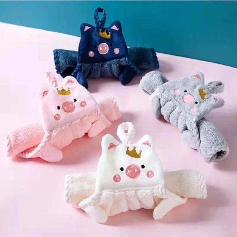 Absorbent Lint-Free Coral Fleece Pig Hanging Towel - Cute Children's Hand Towel