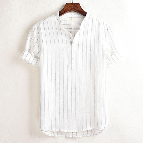 Męska koszulka z krótkim rękawem w paski z dekoltem w serek, stójką, casualowy T-shirt, odzież męska