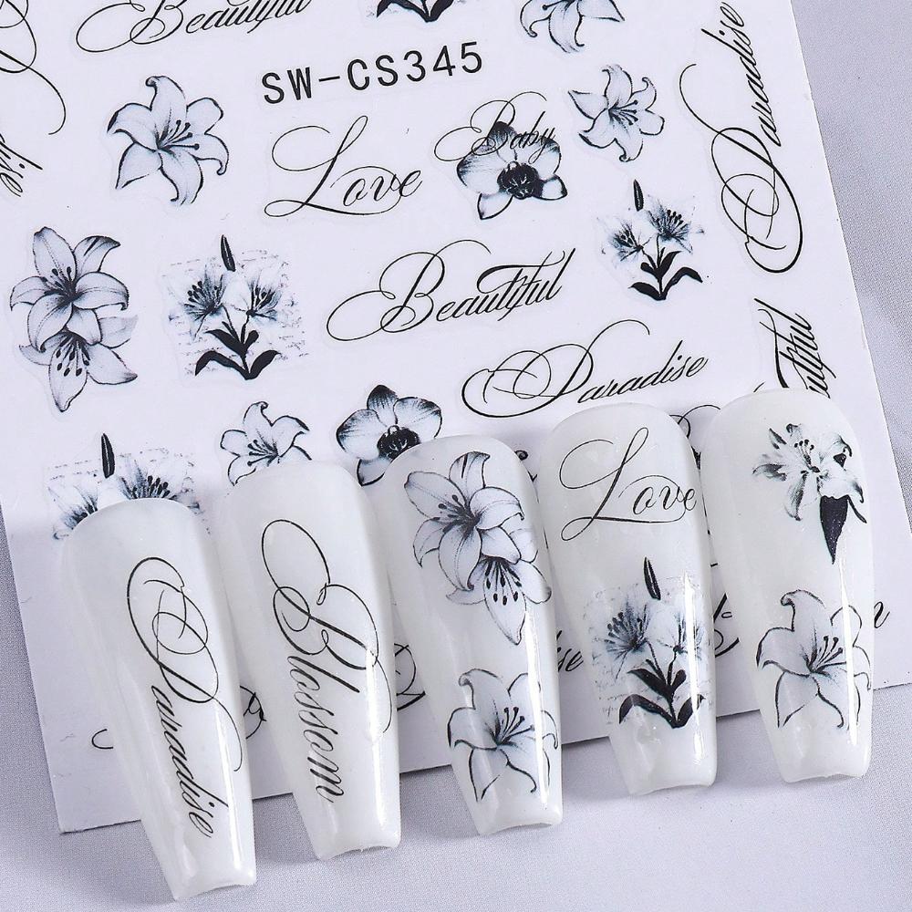 2pcs Lily Letter Nail Stickers, Elegant Black and White Ink Painting Style Flower and Letter Patterns Self-adhesive Nail Decals