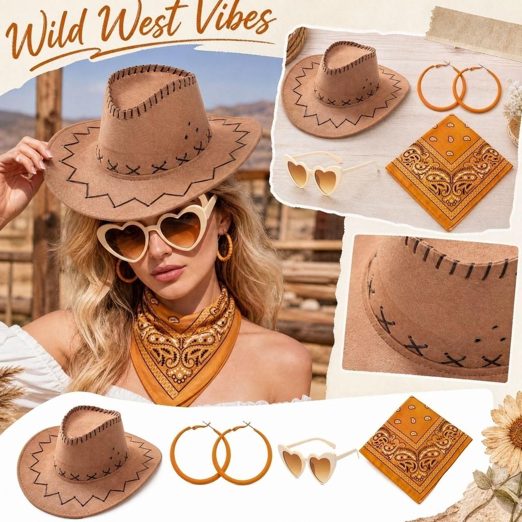 Costume Set with Hat, Glasses and Earrings for Western Role Play