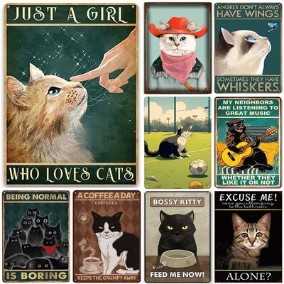 Vintage Cat Posters Metal Tin Signs Set-JUST A GIRL WHO LOVES CATS-Decorative Wall Art for Cat Lovers In Home, Office, or Bar