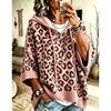 Leopard Print Hooded Sweater Women Drawstring Knit Pullover Hoodie Loose Knitted Outerwear Casual Oversized Sweatshirt Top