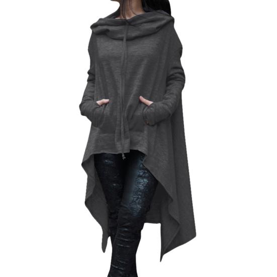 Women Solid Color Asymmetric Hem Drawstring Hooded Sweatshirt Loose Poncho Coat