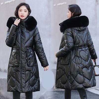 Women's Autumn And Winter Large Collar Down Cotton Jacket With Bright Side Medium Length Cotton Coat