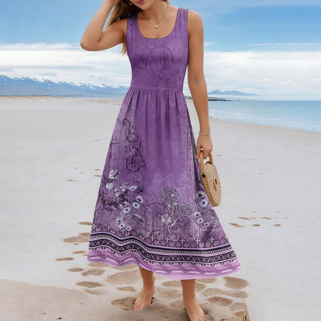 Damen-Sommerkleid mit Blumenmuster, lässig und modisch, ärmellos, lang