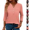 Women's Fashionable Casual Color V-Neck Decorative Button Three-Quarter Sleeve T-Shirt Top