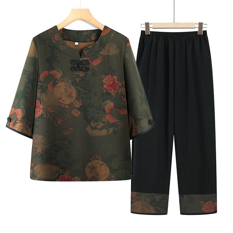 

Mom s Chinese Style Summer Set: 3/4-Sleeve Top & Wide-Leg Pants for Middle-Aged & Elderly Women 5XL (Recommend 75-83kg)
